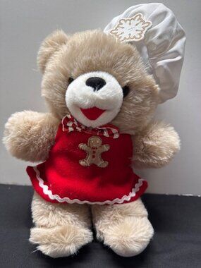 Holiday 2023 Teddy Bear Plush Chef Hat & Red Dress Gingerbread & Snowflake Embro